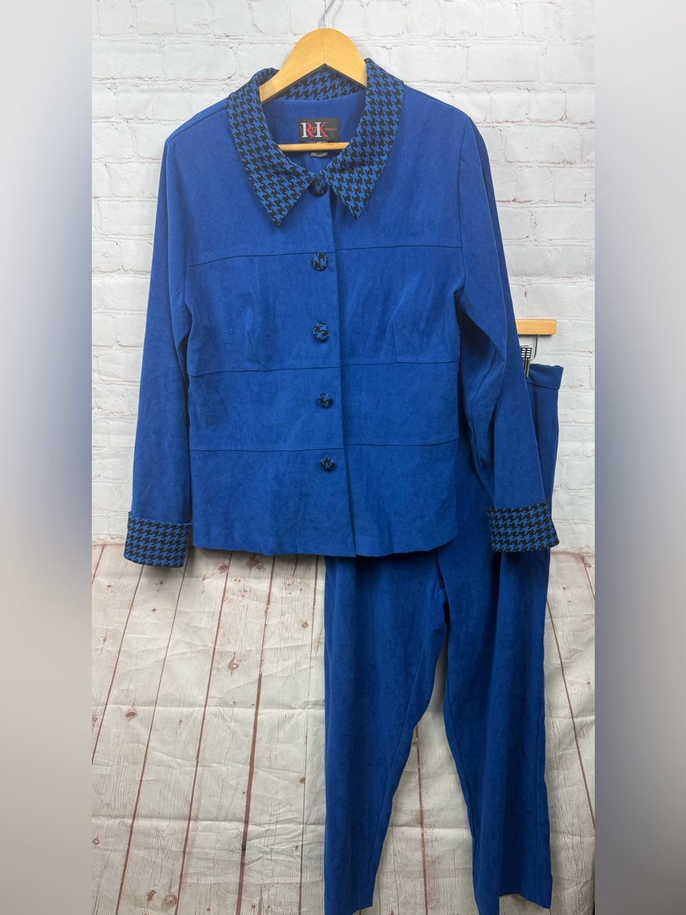 R&K Royal Blue Black Houndstooth Detail 2 Piece Pants Set Size 16 Moleskin Feel